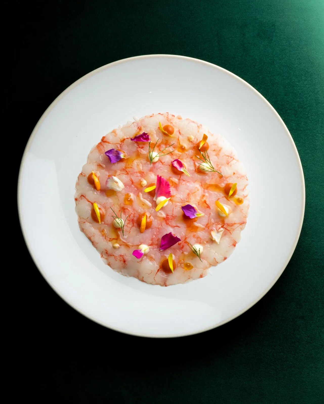 Carpaccio with edible flowers on a green background